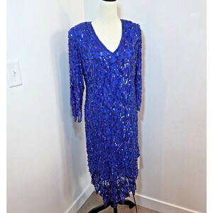 Vintage Beaded Silk Dress Sequin V Neck Royal Blue Midi Large Party Evening
